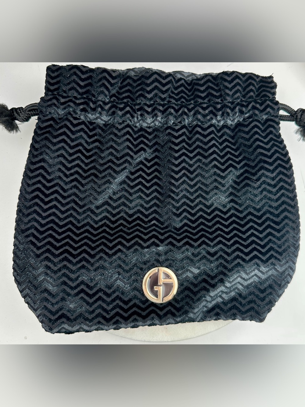 Giorgio Armani Beauty Black Velvet Chevron Drawstring Pouch Gold GA Logo NEW